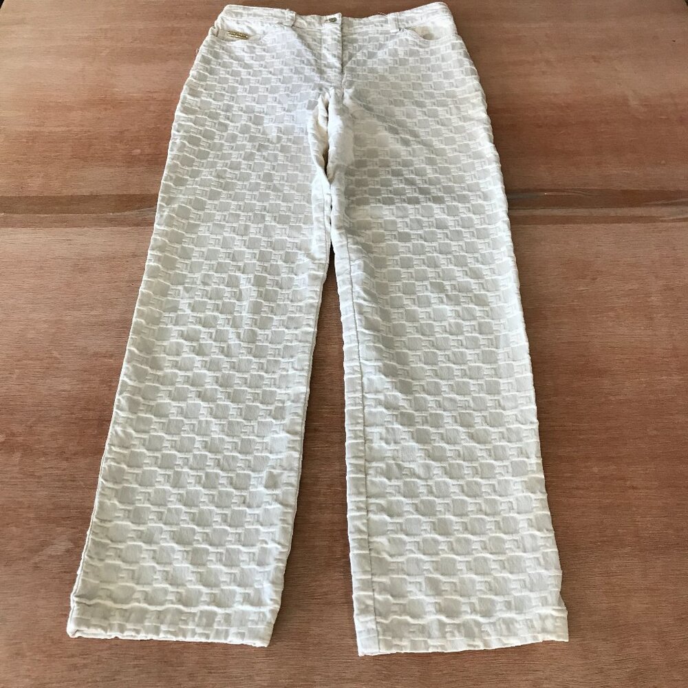 St John Sport Marie Gray Pants Women 2 White Geometric Textured Mid Rise Stretch